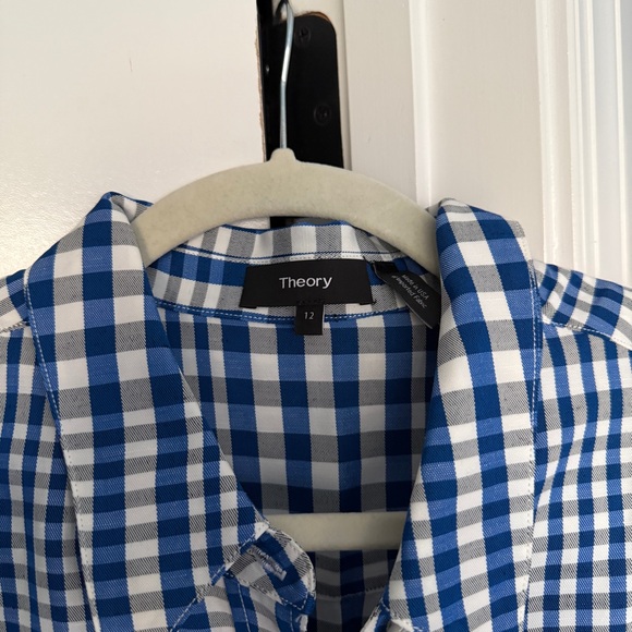 Theory Mayvine Dillon plaid linen-blend shirtdress blue white short sleeve - Picture 3 of 7